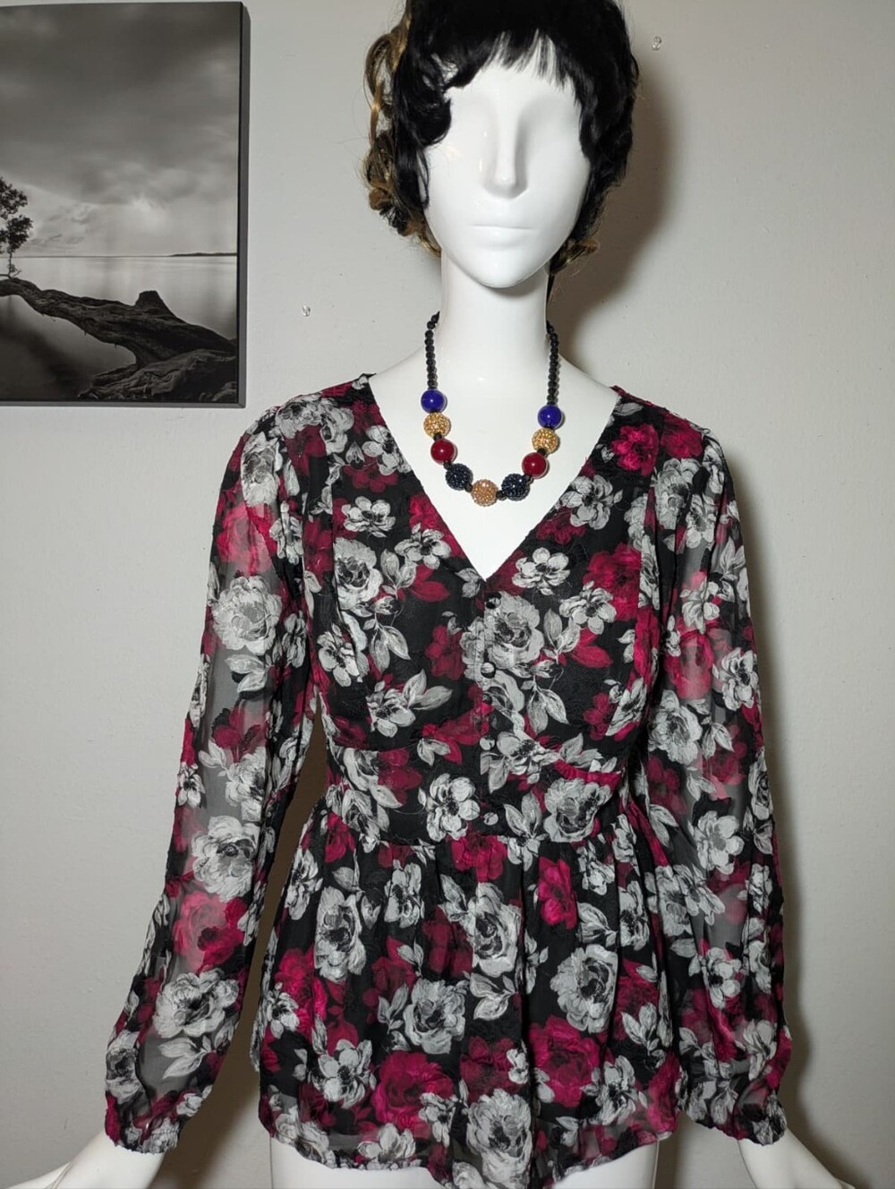 Torrid Chiffon Clip Floral Blouse Black Magenta White Peplum Top NWT Size 00/M/L